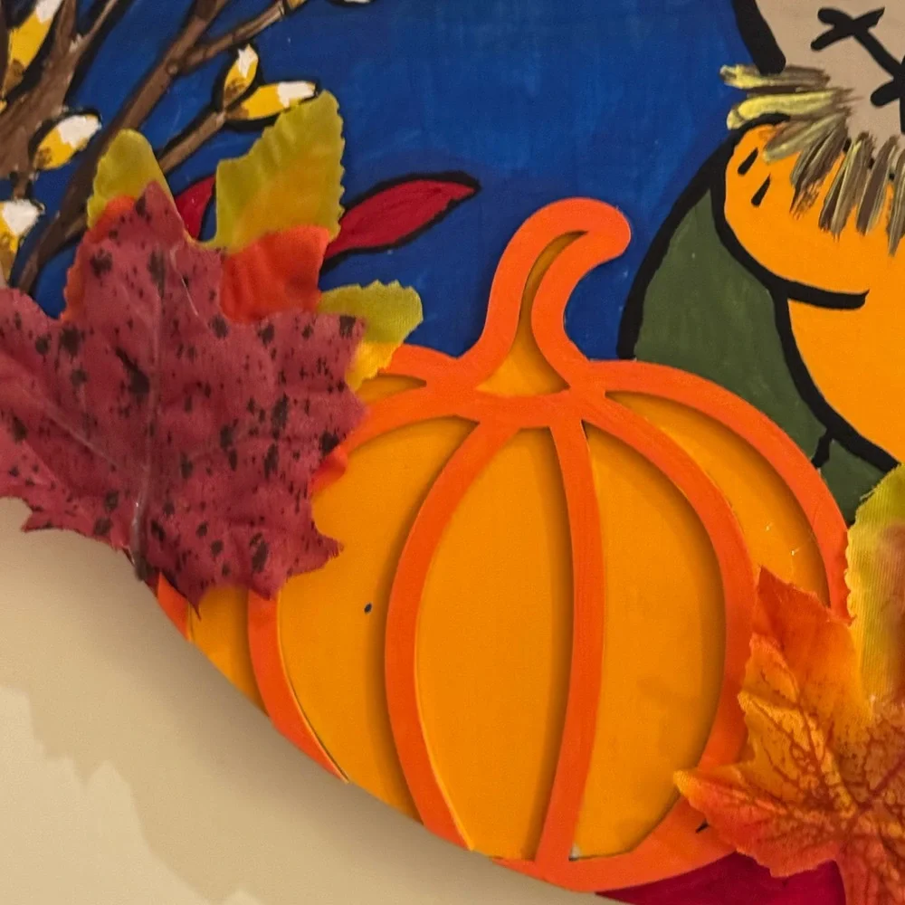 HAND CRAFTED- hand painted Autumn Scarecrow Wall Decor with Pumpkin and Leaves